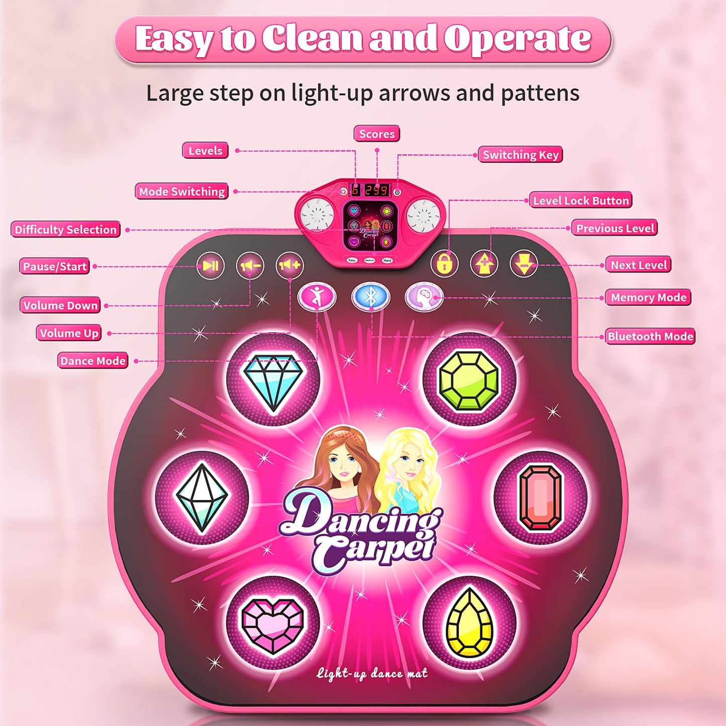 Dance Mat Toys for 3-12 Year Old Girls  Dance Mats for Kids with Wireless Bluetooth  Light-up 6-Button & 5 Game Modes Kids Dance Mat  Birthday Toys Gifts for 3 4 5 6 7 8 9 10+ Year Old Girls