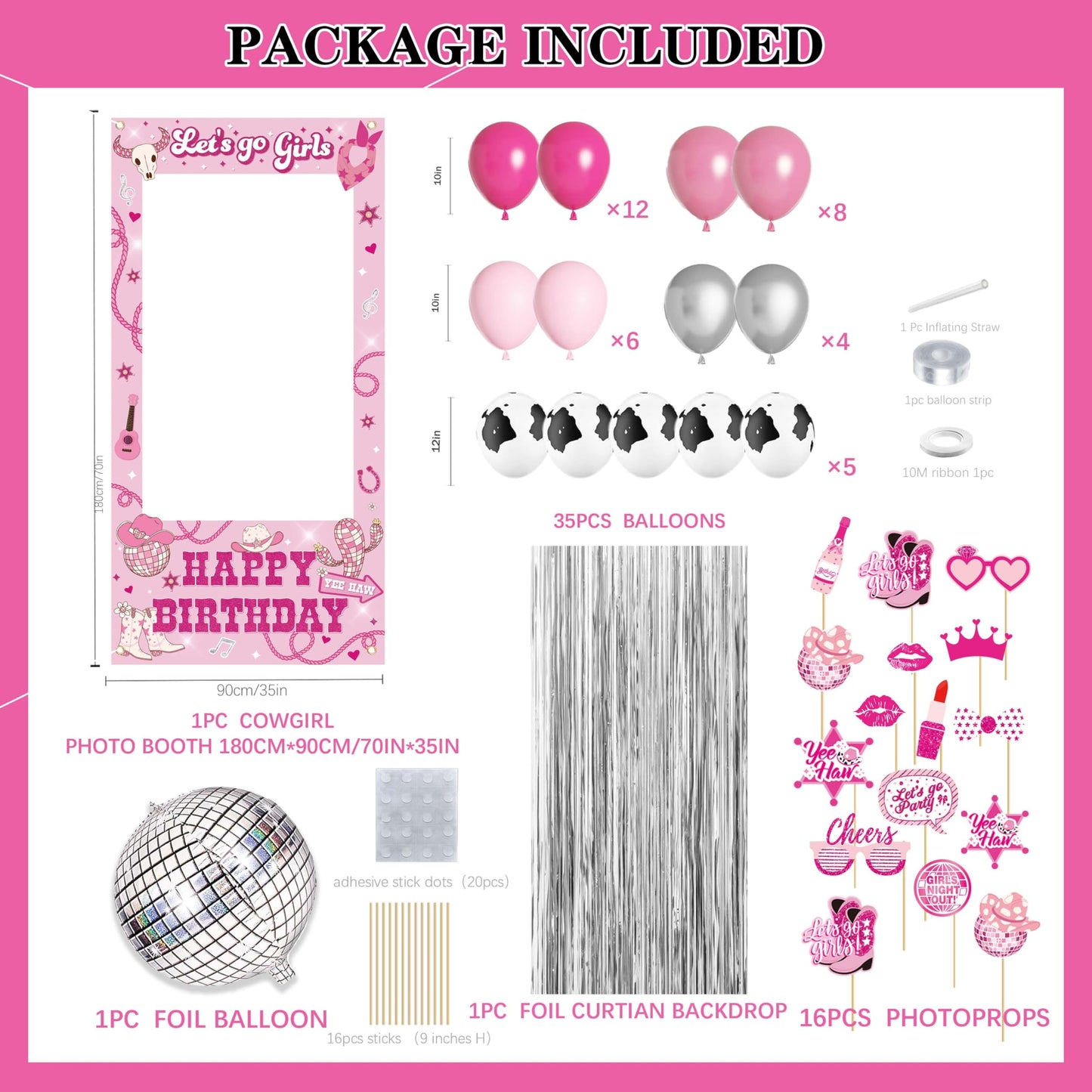 Disco Cowgirl Birthday Party Decorations Set - Photo Booth Props for Girls,Foil Balloon Pink Balloons for women Birthday Party S