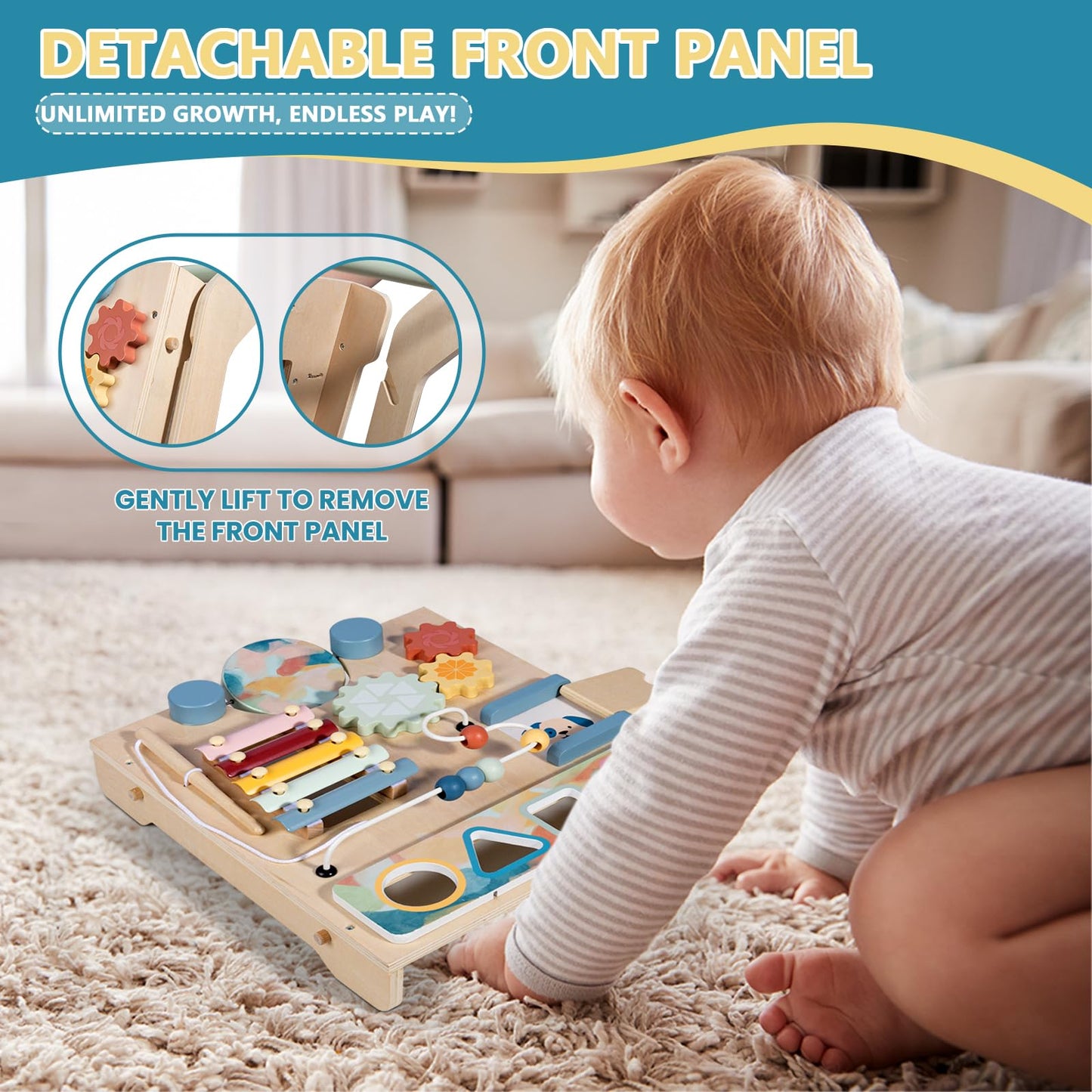 BAUTIA Wooden Baby Walker, Detachable Activity Busy Board, Baby Walking Toys Push Walkers for Babies 6-12 Months