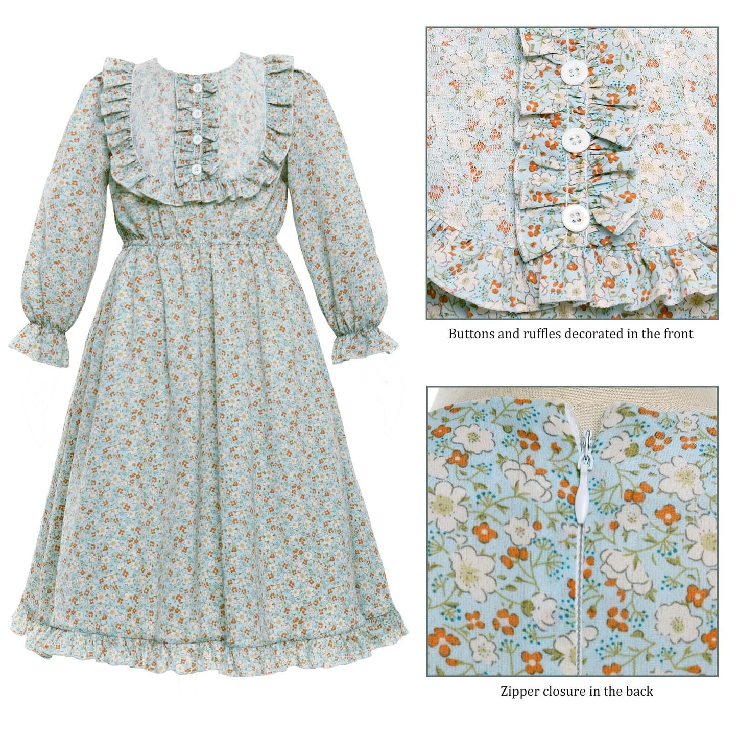 Vibsion Girls Pioneer Prairie Costume Pilgrim Dress Kids Floral Colonial Village Girl Costumes Bonnet Apron Set 3Pcs L