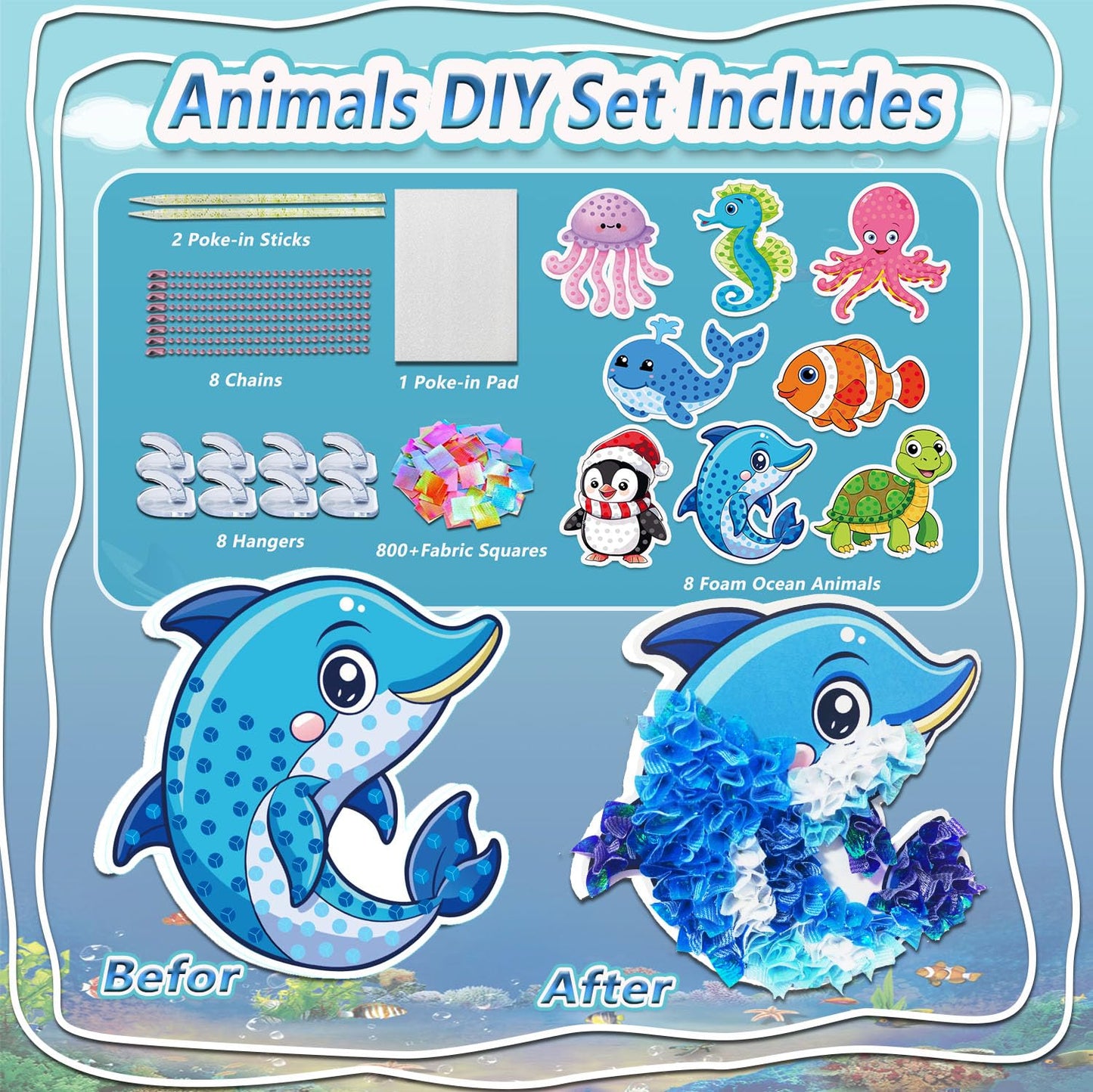 JRD&BS WINL Magical Ocean Animal Poke Art - Dolphin, Jellyfish, Seahorse, Turtle, Octopus | No-Mess Craft Kit for Kids 4-9 | Mar