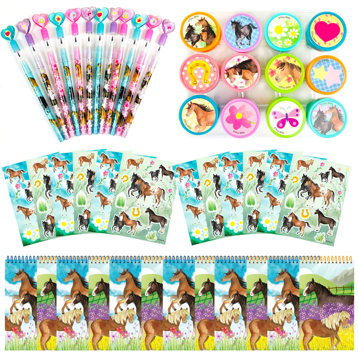TINYMILLS Horse Pony Birthday Party Favor Set (12 multipoint pencils, 12 stampers, 12 sticker sheets, 12 small spiral notepads)