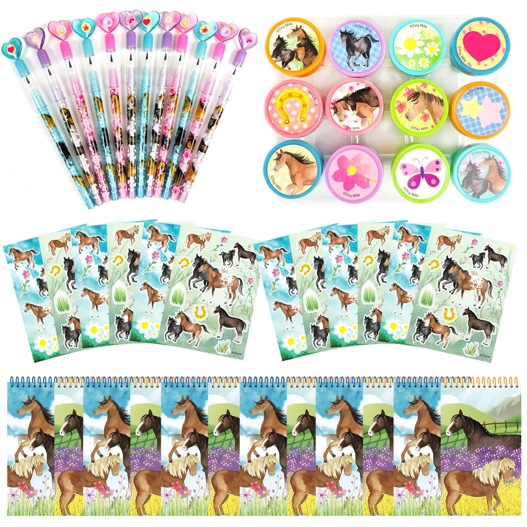 TINYMILLS Horse Pony Birthday Party Favor Set (12 multipoint pencils, 12 stampers, 12 sticker sheets, 12 small spiral notepads)