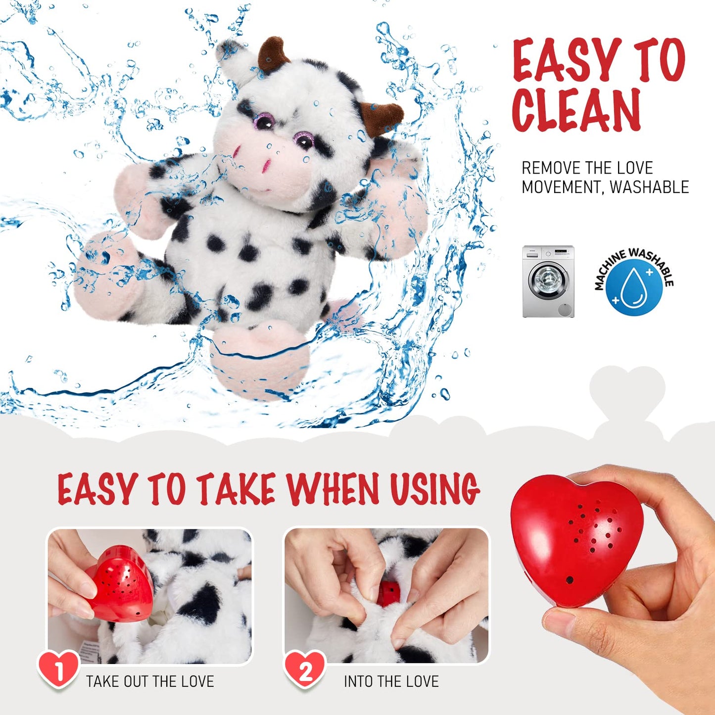 Cozyworld 12.5' Heartbeat Diary Cow Recordable Stuffed Animals Voice Sweet Messages Recorder Soft Plush Toy Playback Your Words Birthday Gifts For Toddler Kids