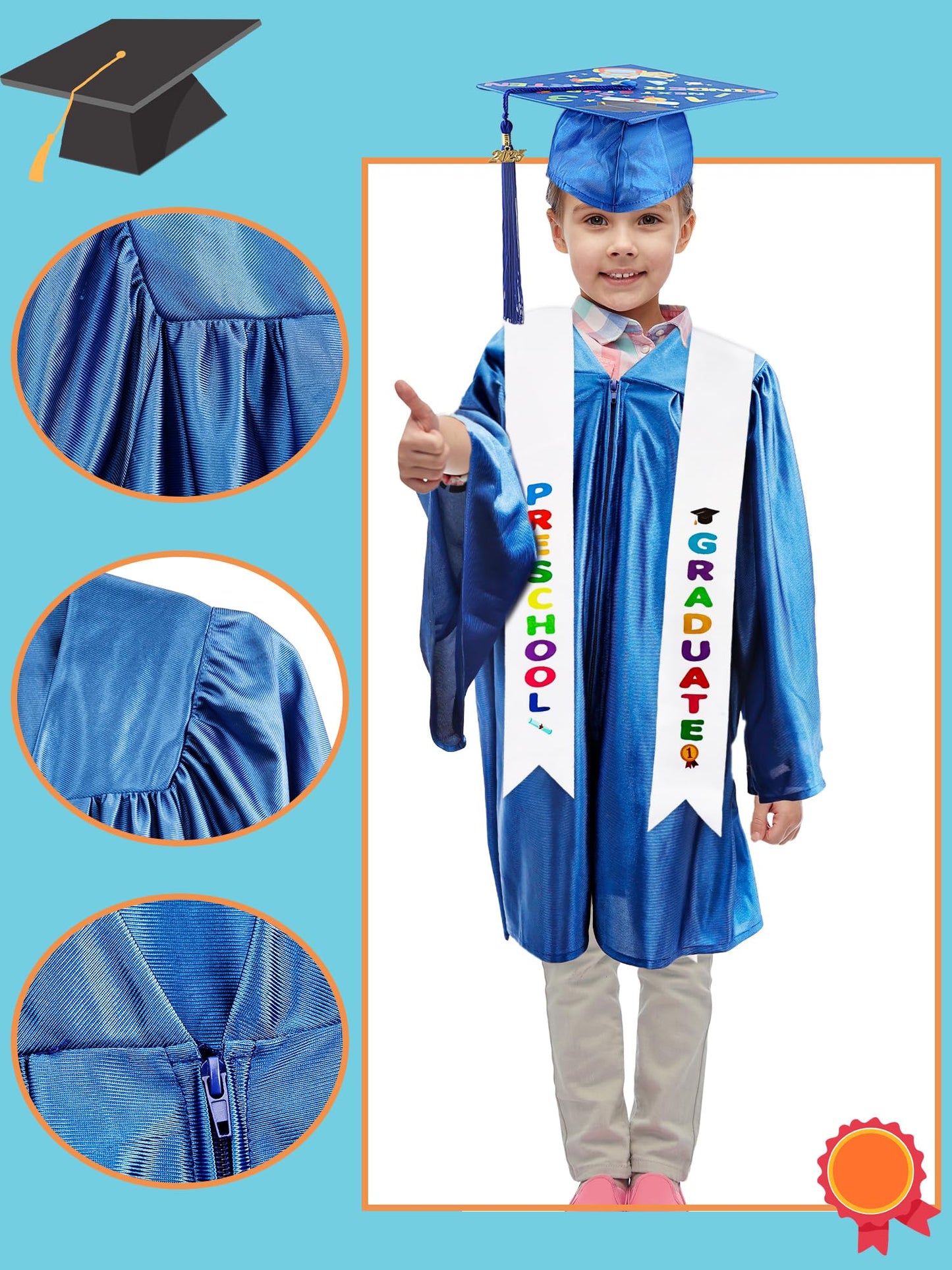 Preschool Graduation Gown And Cap With Tassel Printed Graduation Stoles Certificate Shiny Graduation Gown For Kindergarten (Blue