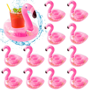 Grobro7 12Pcs Inflatable Glitter Flamingo Drink Holder Sparkling Confetti Drink Pool Floats Coasters Swimming Floating Cup Holde