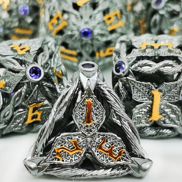 Mjdiceok Hollow Magic Vine Leaf Dnd Dice Set Metal Dice Set 7 Role Playing Dice D&D Dungeons And Dragons Dice (Gray + Purple Gem