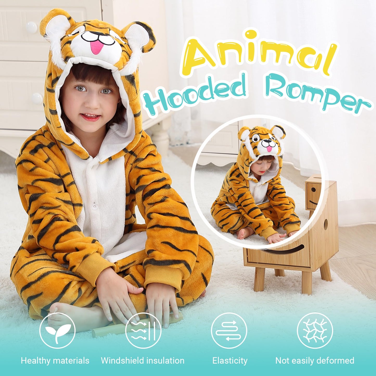 Michley Animal Hooded Romper Kids Flannel Halloween Cosplay Pajamas Costume 3-12T For Autumn Winter, Tiger, 11-12T, Size140