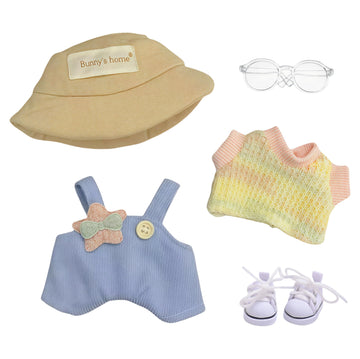 17cm Doll Designer Clothes  enhanced Dolls Halloween Clothing Outfit Accessories with Crochet Floral Tshirt  Denim Overall  Glasses  Shoes  Bucket Hat  Blue