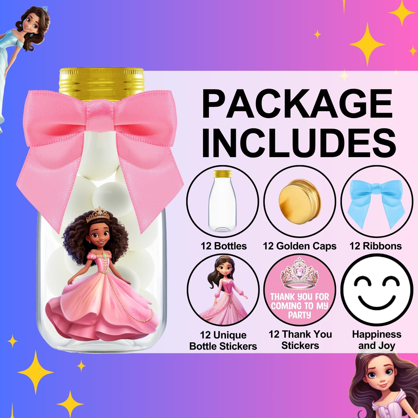 Ethisa 12 Pack Princess Party Favors - Diy Candy Jars With Ribbons And Stickers - Party Decoration Bottles For Birthday, School