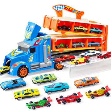 Joyin Toy Truck For Kids,5-Ft Race Track And 12 Die-Cast Metal Toy Cars, Racing Car With Lights & Sounds, Carrier Truck Playset