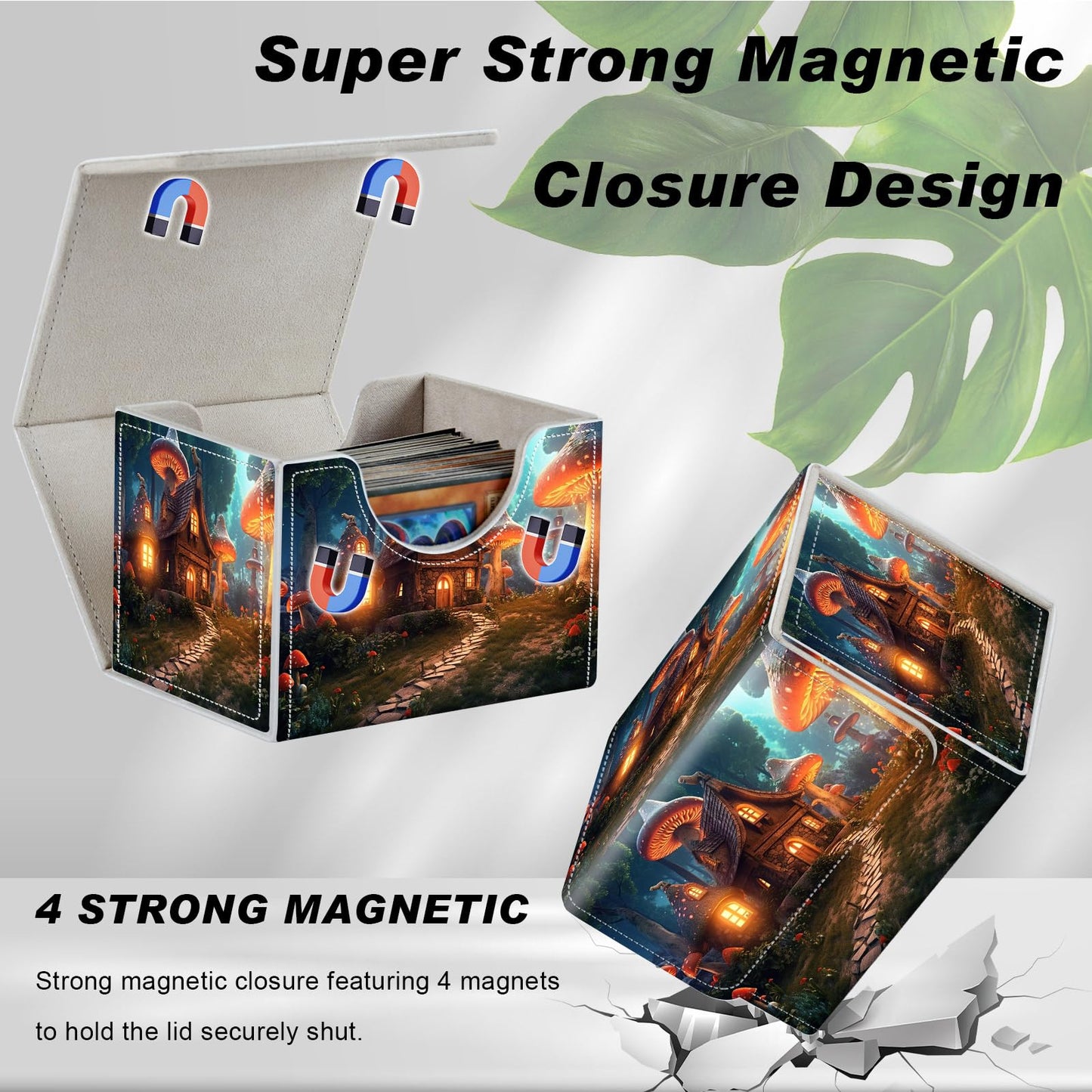 DEGDFSGR Card Game Storage Box for TCG MTG Commander Deck Box Organizer Trading Card Case Magnetic Closure Creative Pattern Up to 200 Cards  A Magical Mushroom Village