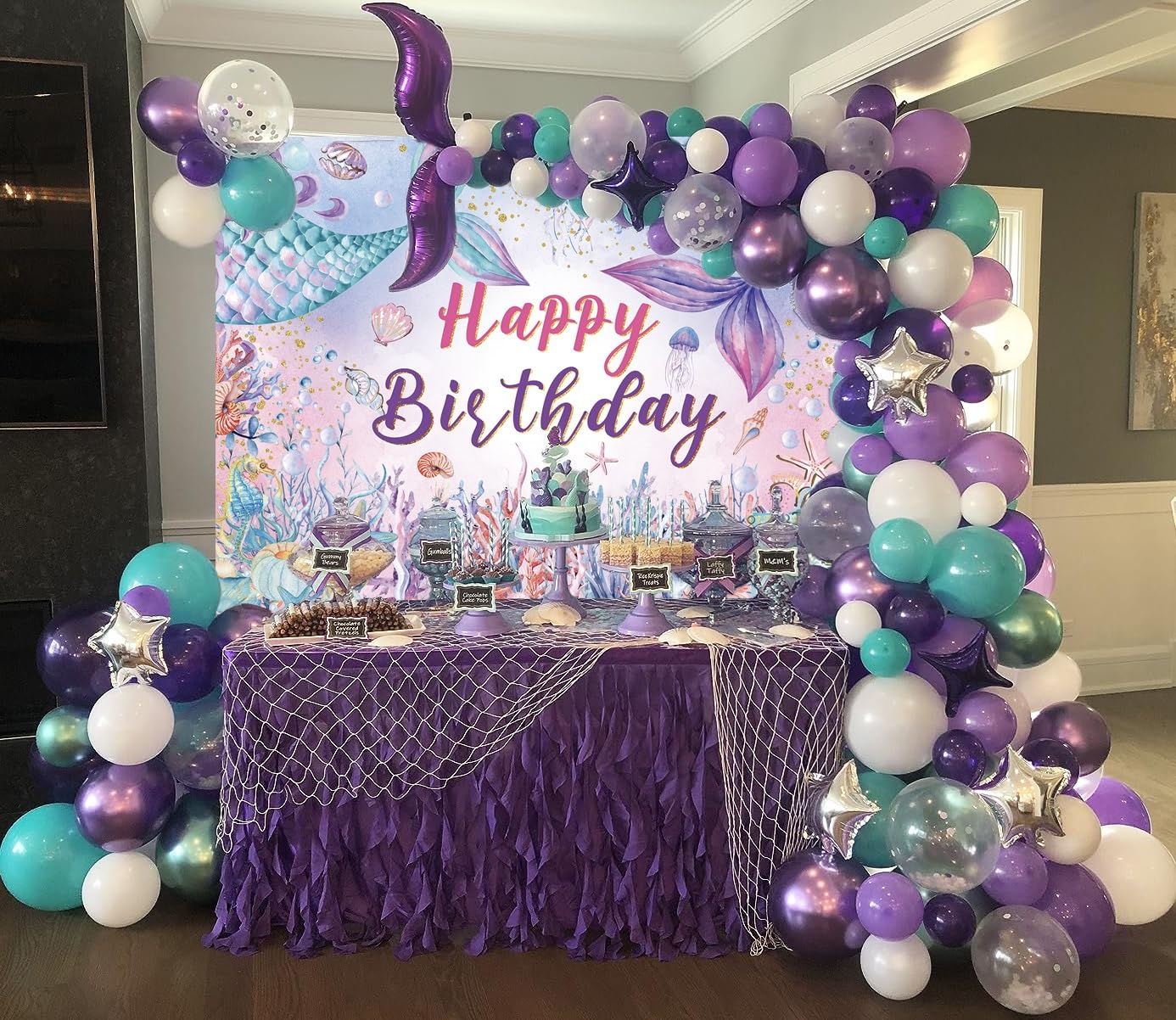 Mermaid Happy Birthday Backdrop Fish Tail Coral Decoration Banner Marine Biological Background for Princess Girl Mermaid Theme B