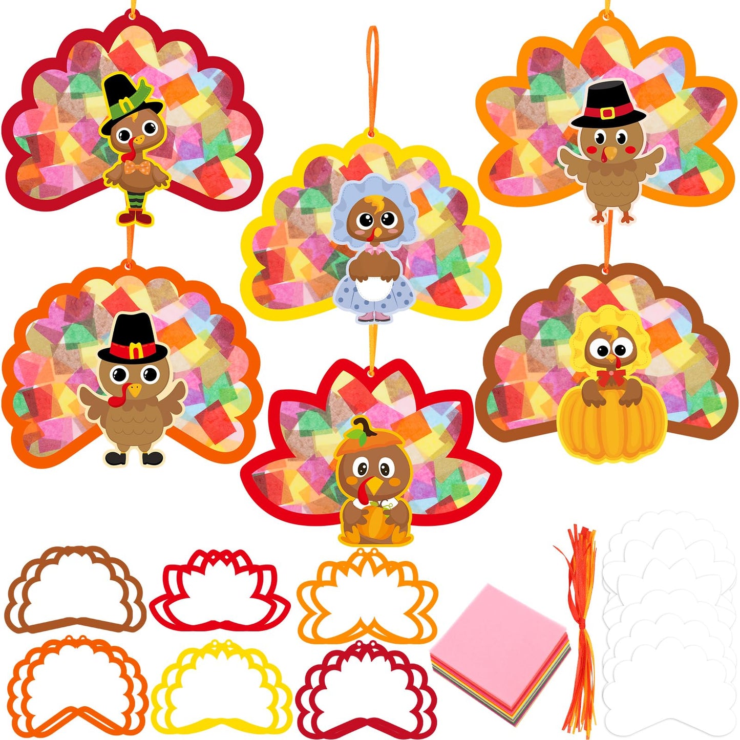 Ceiba Tree 24Pcs Thanksgiving Suncatcher Crafts for Kids Turkey Fall Craft with Turkey Cutouts and Tissue Paper Autumn DIY Windo