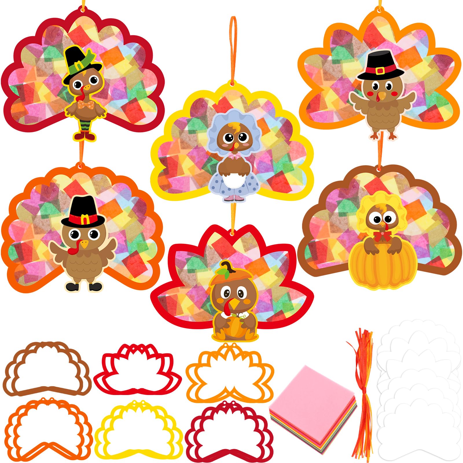 Ceiba Tree 24Pcs Thanksgiving Suncatcher Crafts for Kids Turkey Fall Craft with Turkey Cutouts and Tissue Paper Autumn DIY Windo