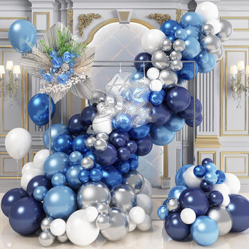 Blue White Silver Balloon Arch Kit, Navy Blue Silver White Balloon Garland With Metallic Dark Blue Light Blue Silver Balloons Fo