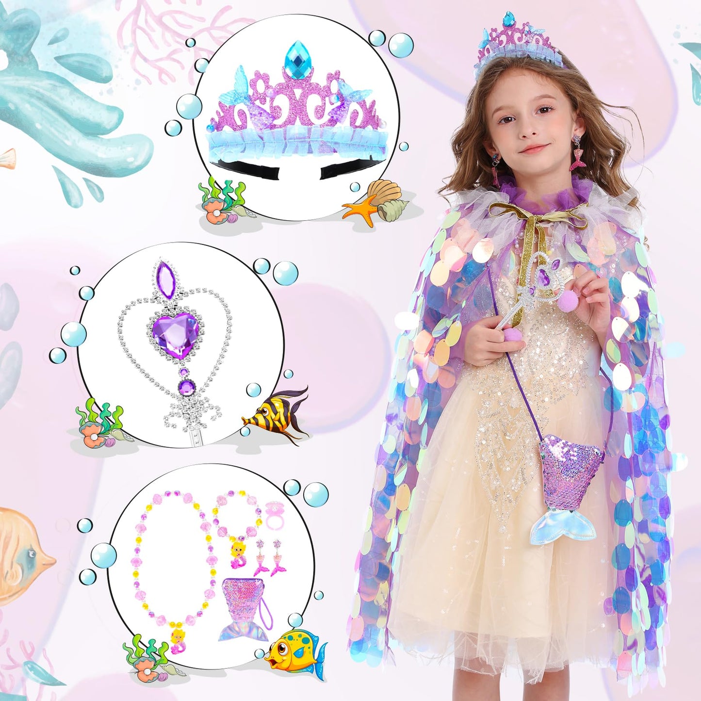 LIMIROLER Princess Dress Up Toys Princess Dress Up Clothes Rainbow Mermaid Cape Kit 9 Pcs Gift Set for Little Girls 3-8 Years Ol
