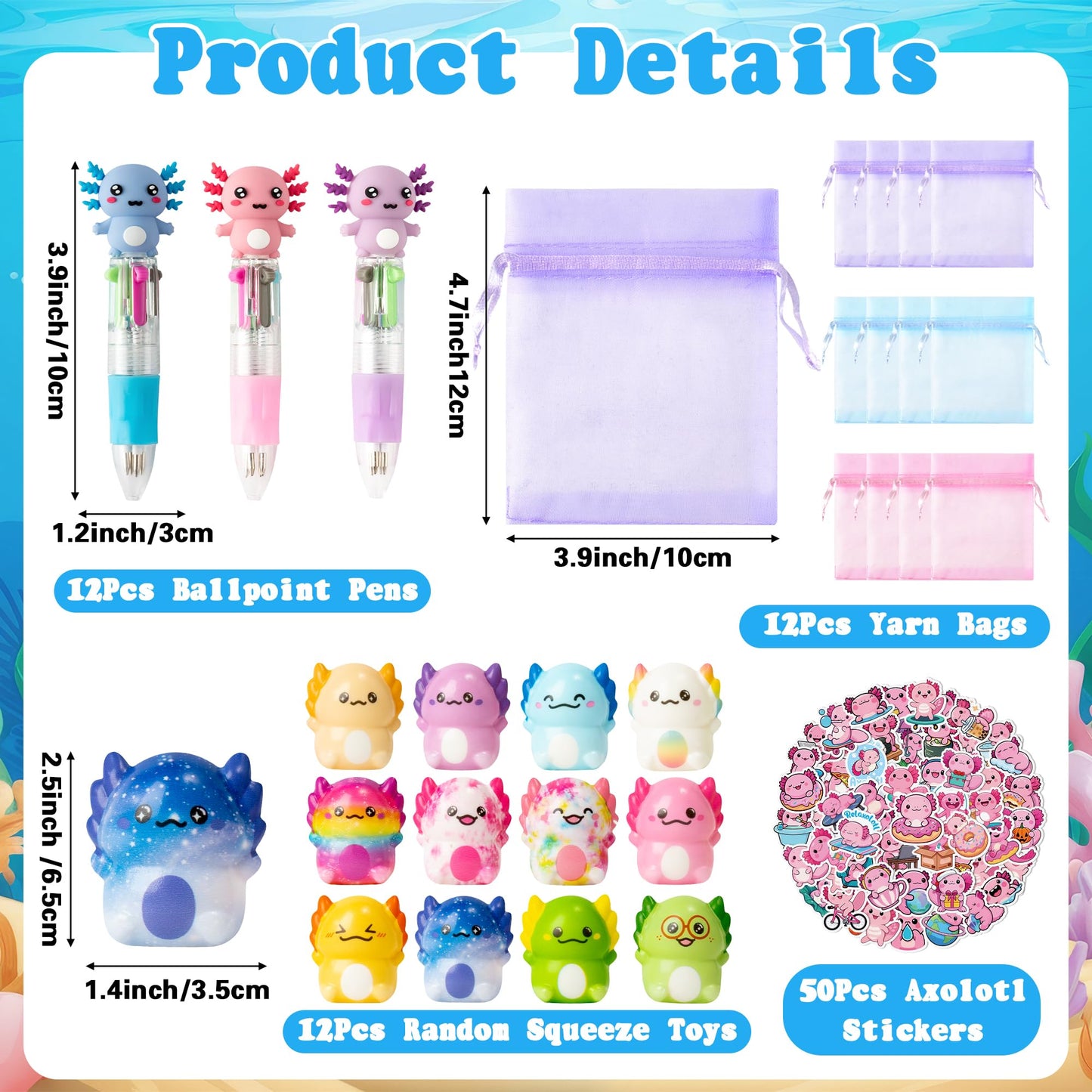 CY2SIDE Axolotl Squeeze Toys Set - 12 Pack with Ballpoint Pens, Stickers, and Organza Bag - Cute Party Favors in Yellow, Pink, Green, White, Blue