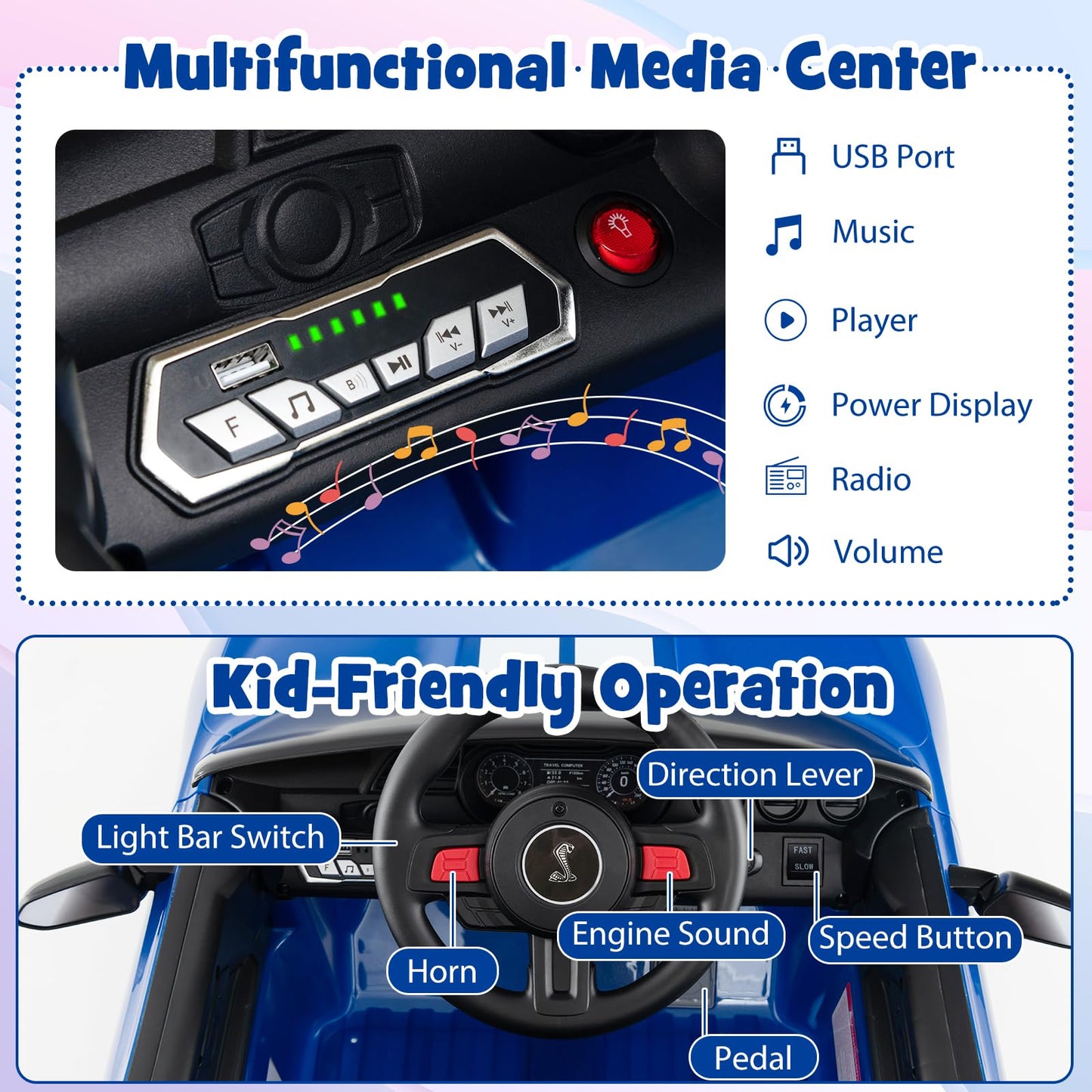 Costzon 12V Ford Mustang GT500 Ride-On Car for Kids, Blue, Large, Remote Control, USB, Radio, High/Low Speed, Soft Start