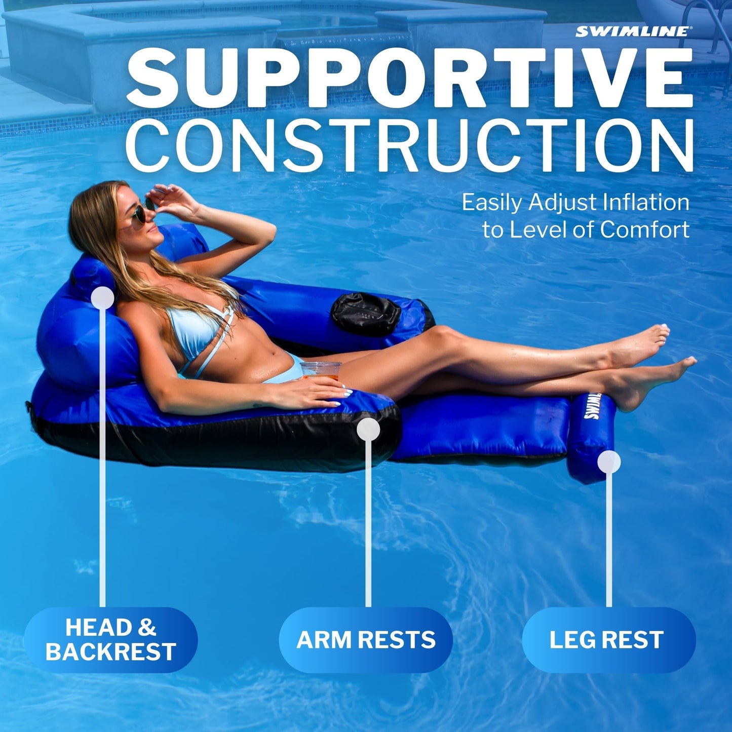 SWIMLINE ORIGINAL Fabric Covered Pool Float Mattress Ultimate Lounger Raft For mature-themeds & Kids | Back  Leg  & Arm Rests  Cup Holder  & Quick-Dry Cover For mature-themed Or Kid Floating & Lounging 9047