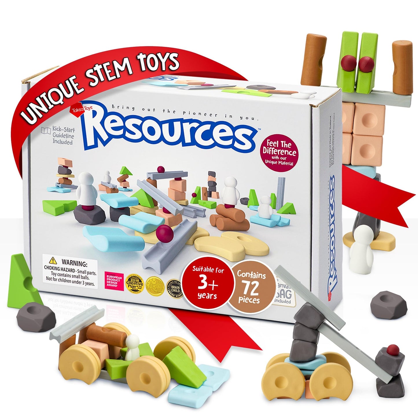 Taksa Toys Educational Building Blocks, 72 Pcs, Multicolored, TPE Plastic, STEM & Montessori Learning for Kids Ages 3-7+ Years