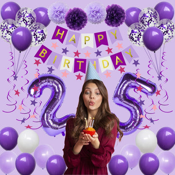 Naninuneno 25Th Birthday Decorations For Girls, Purple 25 Happy Birthday Balloons Supplies Including Purple Happy Birthday Banne