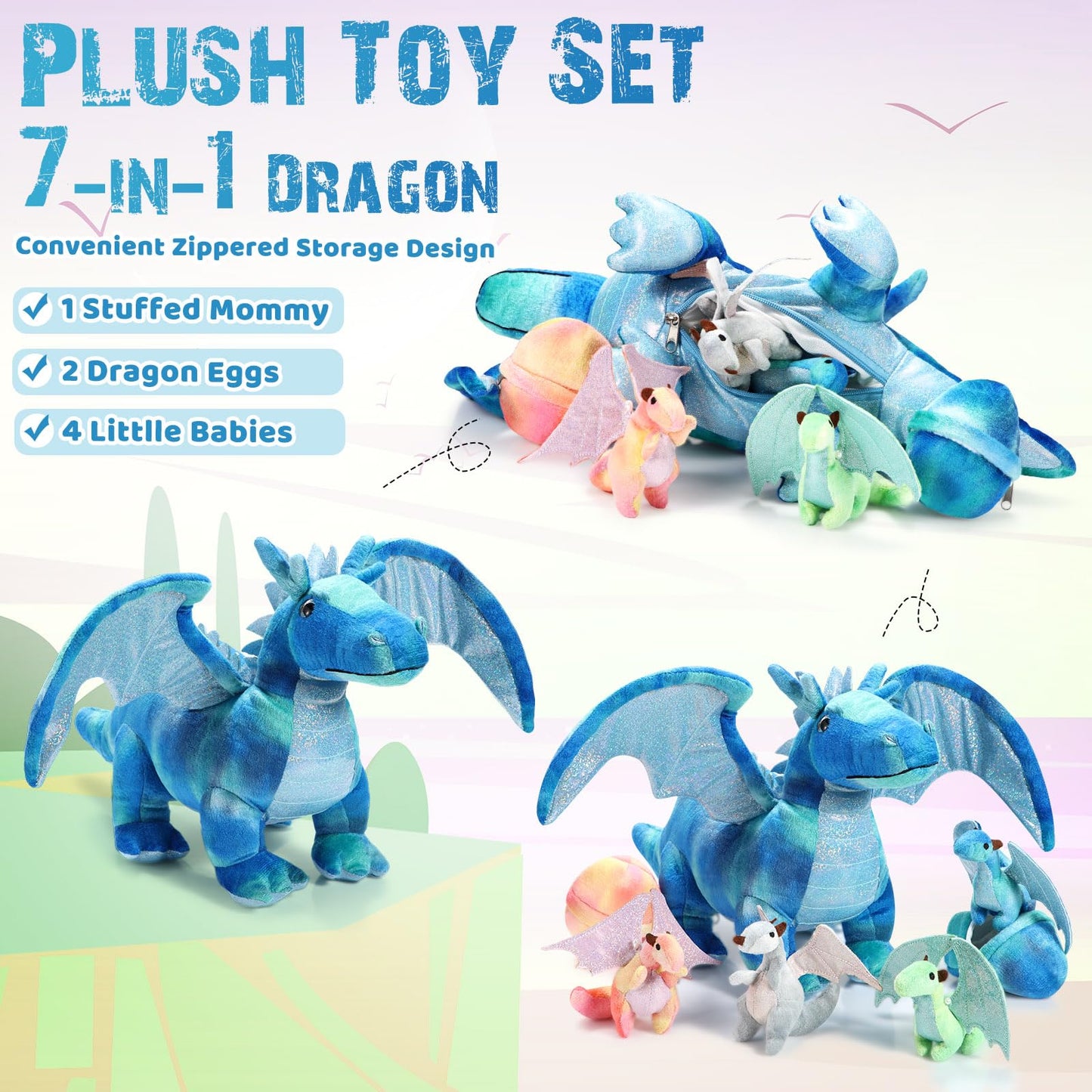 Deekin 7 Pcs Dragon Toy Set - 16 Inch Large Stuffed Animal with 4 Baby Plush & 2 Eggs - Perfect Birthday & Christmas Gift for Kids
