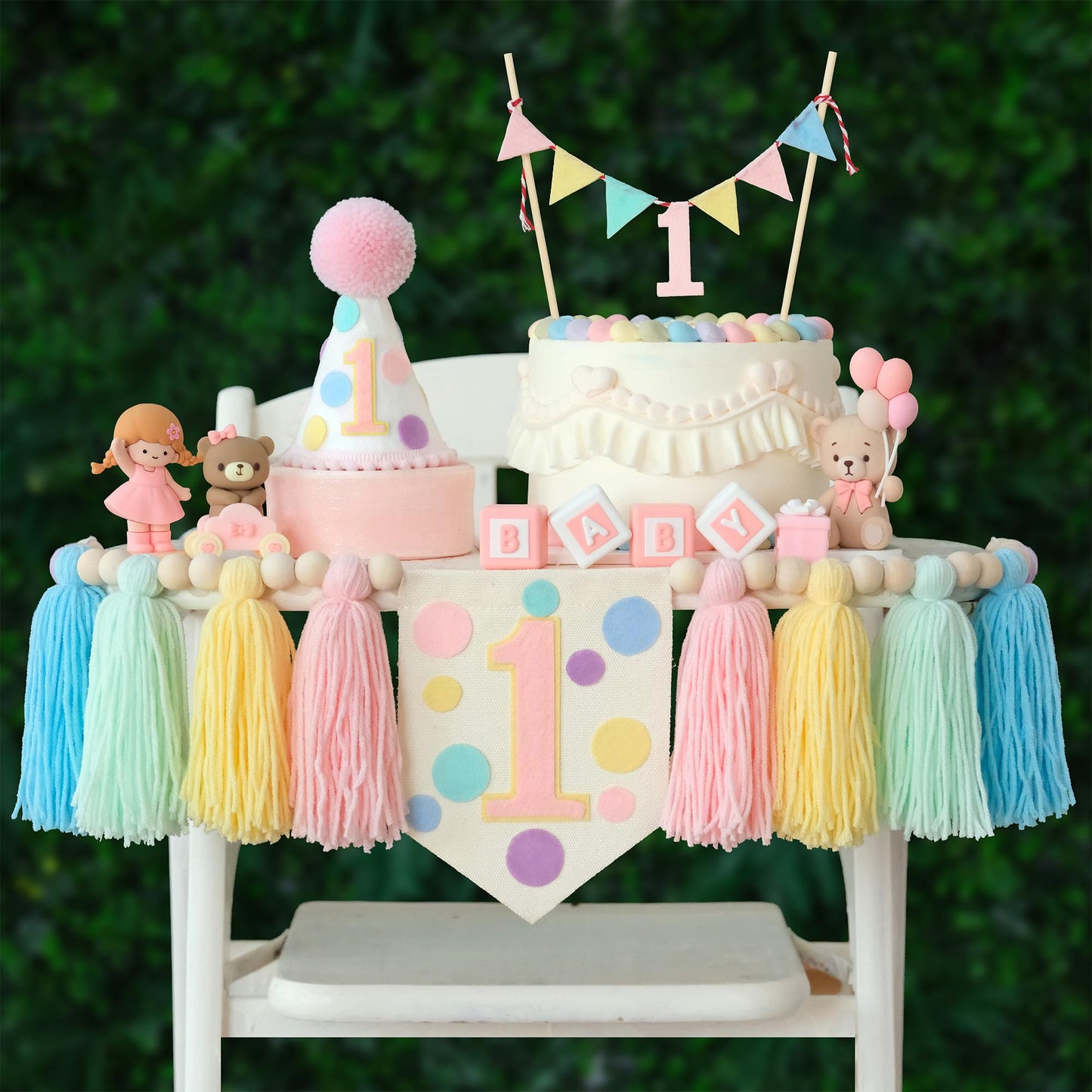 HODIHIWI Macaron Pastel Dot 1st High Chair Banner Conical Cap Colourful Macaron Cake Topper for Boys Girls Birthday Party Decora