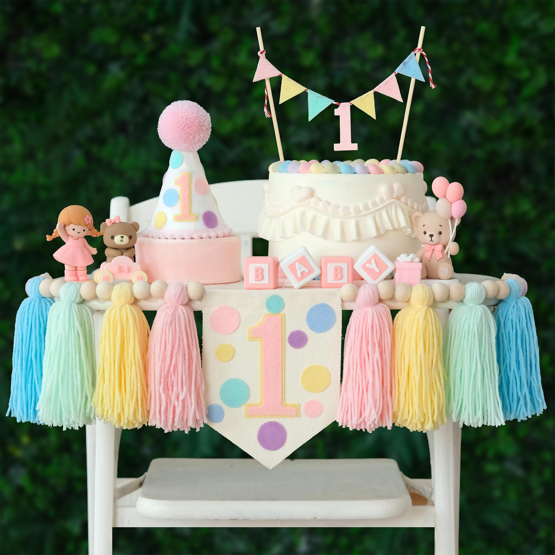 HODIHIWI Macaron Pastel Dot 1st High Chair Banner Conical Cap Colourful Macaron Cake Topper for Boys Girls Birthday Party Decora