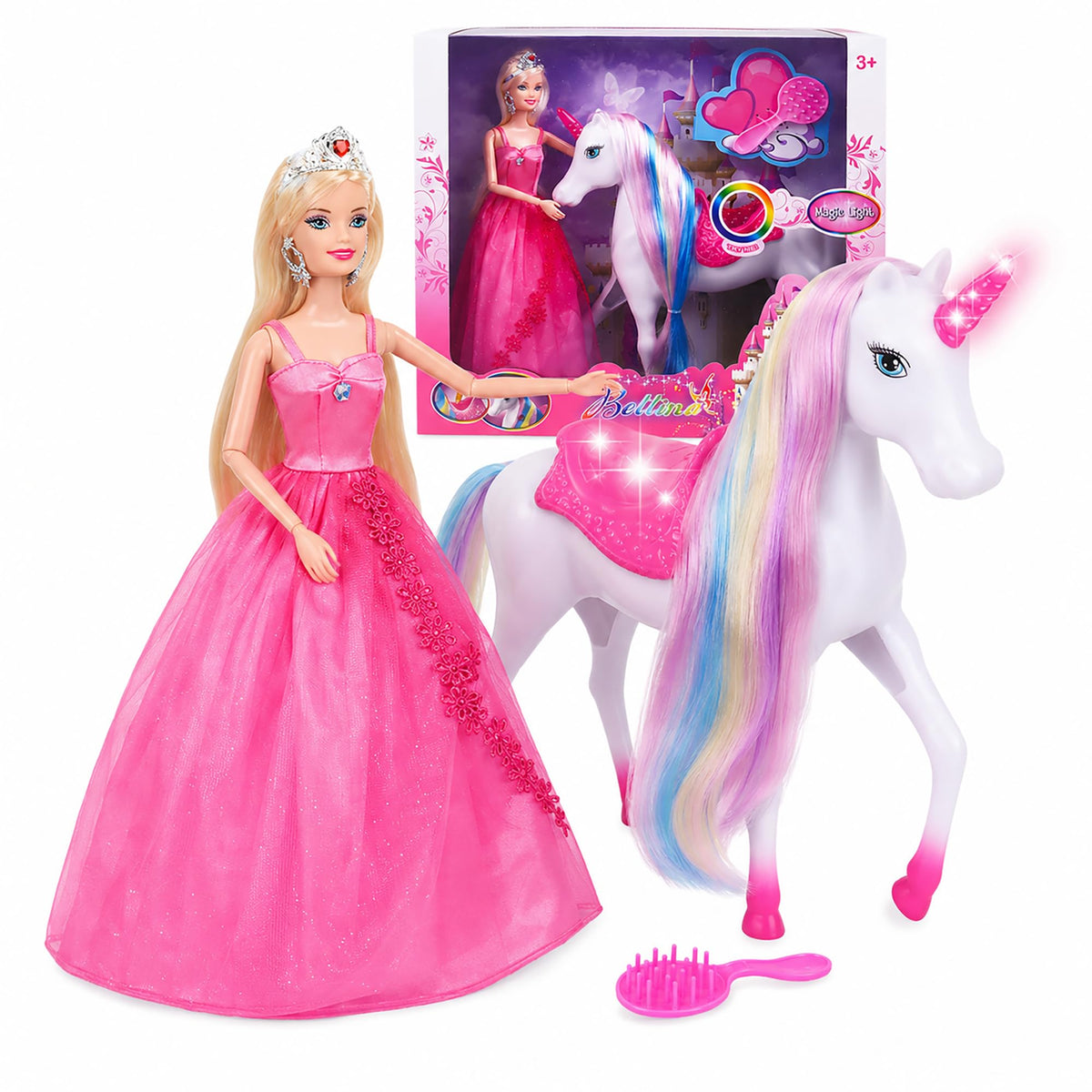MOKIDOLL Princess Doll with Light Up Unicorn, Dress Up Playset for Girls