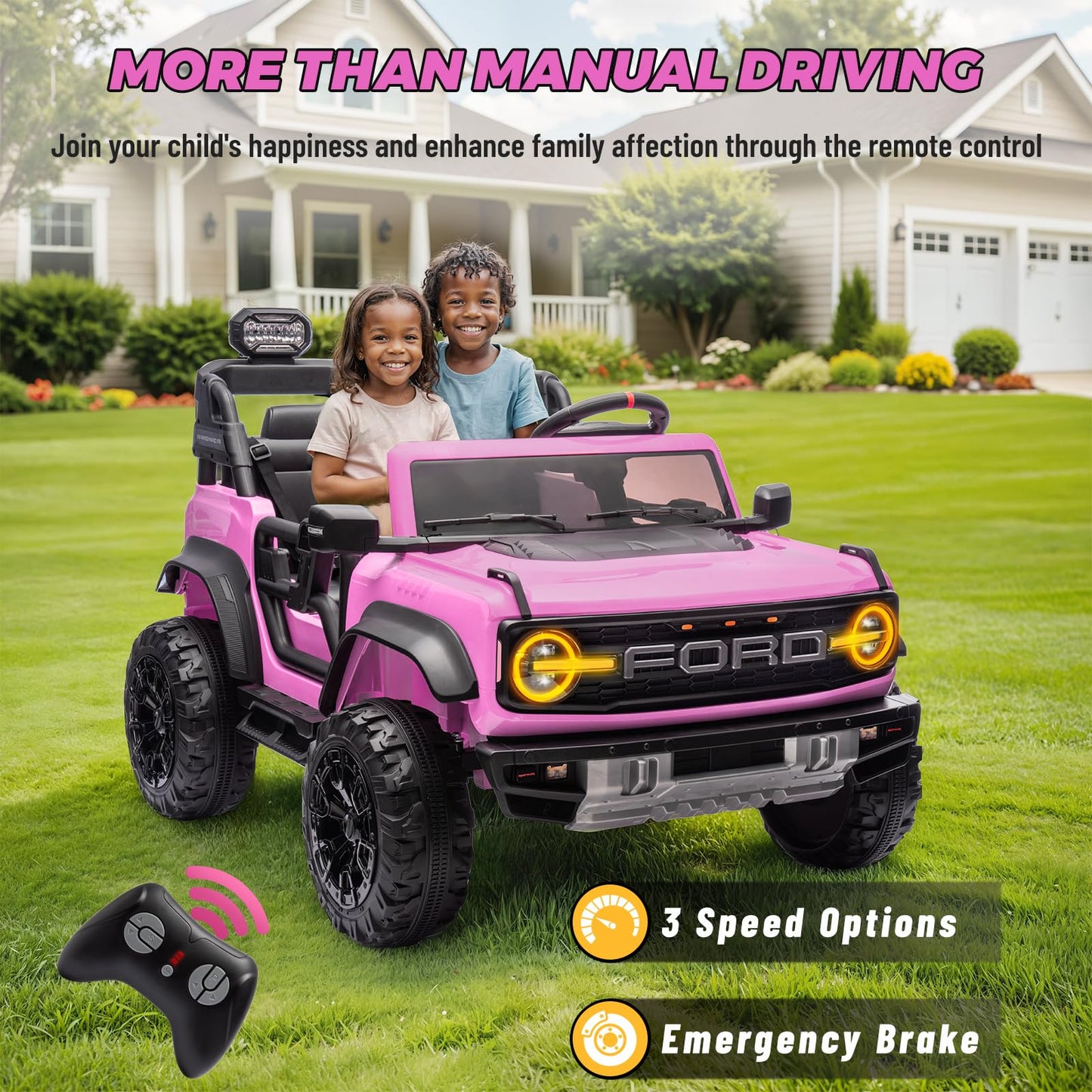 Enyopro 24V Ride On Toys For Big Kids, Licensed Ford Bronco Raptor 2 Seater Kids Electric Vehicle, Battery Powered Ride On Car J