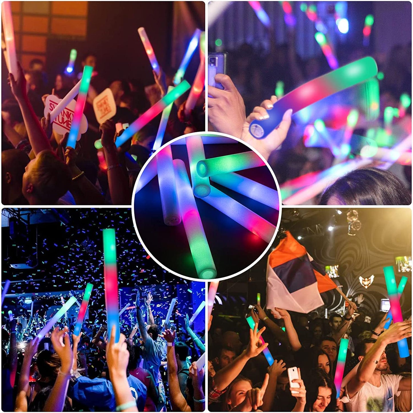 SHQDD 100 Pack LED Glow Sticks for Wedding, Bulk Foam Glow Sticks with 3 Modes Colorful Flashing, Glow Stick Bulk Party Pack for