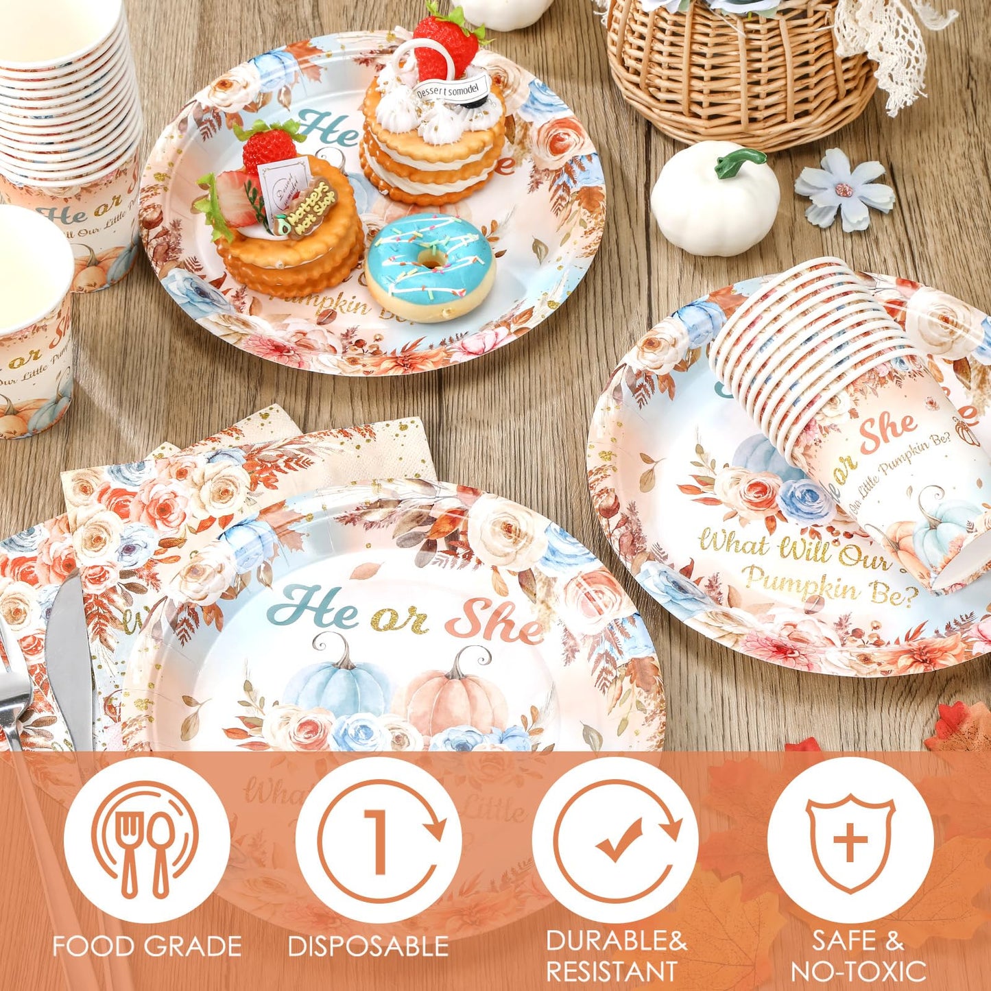 Hushee 200 Pcs Pumpkin Gender Reveal Baby Shower Paper Plates Napkins Cups Baby Shower Party Supplies Tableware Set Disposable C
