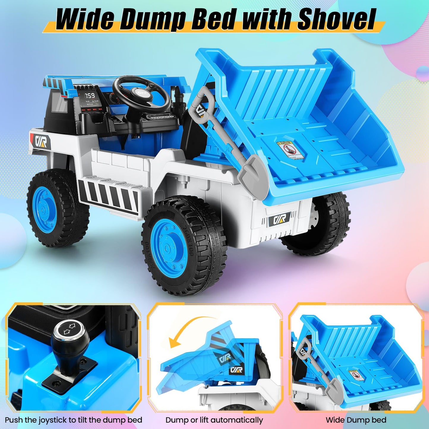 Hikole Kids Ride On Dump Truck With Remote Control, 4Wd Dump Truck With 12V 7Ah Battery, Electric Dump Bed,Shovel, Bluetooth, Music Player, Electric Cars For Girls, White & Blue