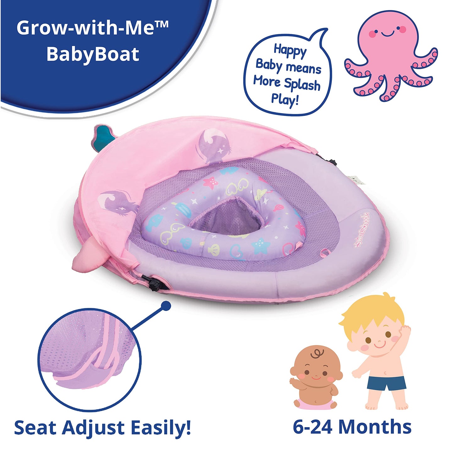 Swimschool Baby Pool Float With Adjustable Canopy - 6-24 Months - Includes 5-Toy Interactive Play Console Safety Seat - Pink