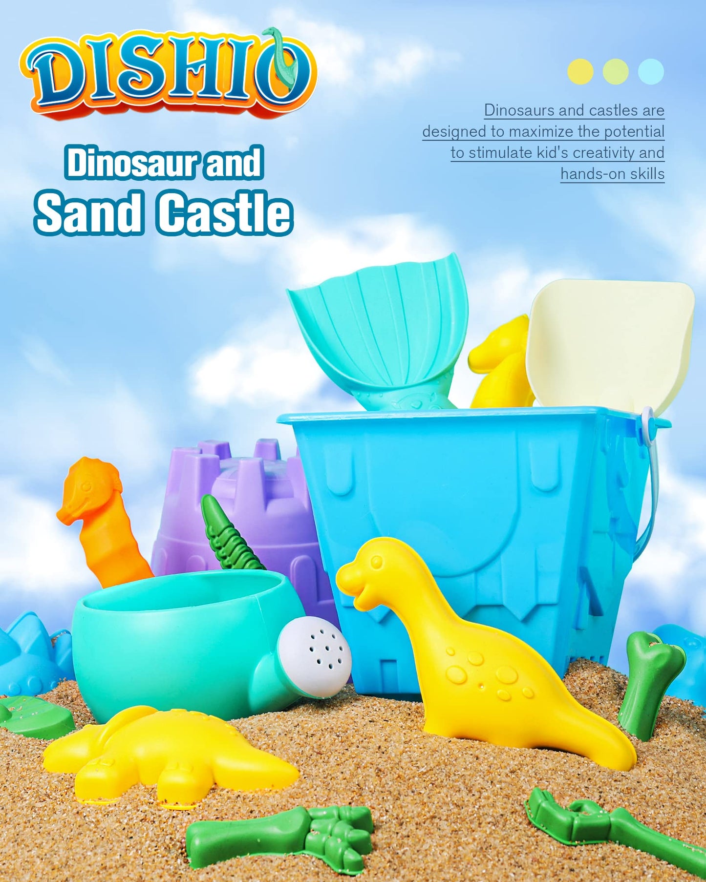 DISHIO Beach Sand Toys for Kids Sand Box Beach Toys with Mesh Bag,Sand Castle Bucket and Shovel,Sand Molds,Waterig Can, Sieve, D