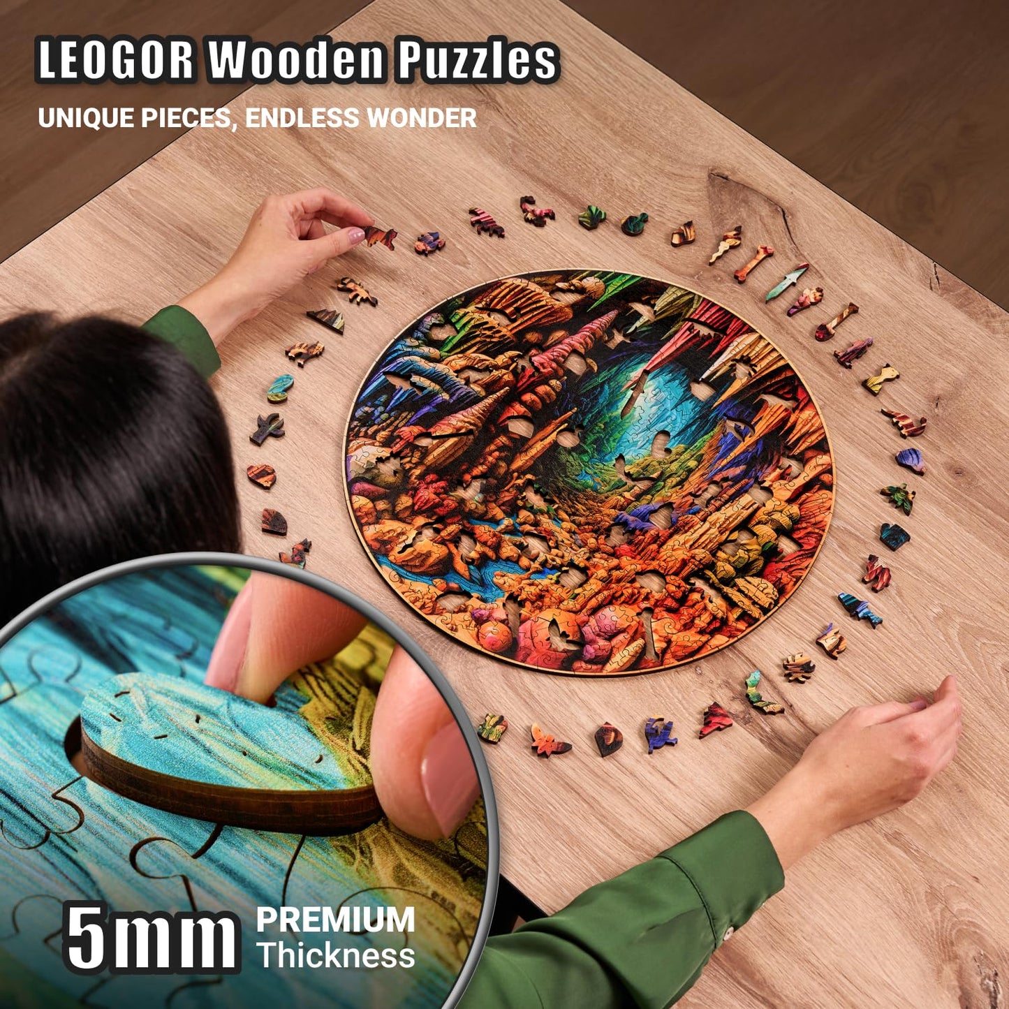 Cavernous Spectrum - 350 Piece Wooden Puzzles for mature-themeds - 15 x 14.9 in - Extra-Thick 5 mm Wood Puzzle  Hand-Shaped Pieces  Round Mosaic Design - enhanced Gift for Puzzle Lovers by LEOGOR