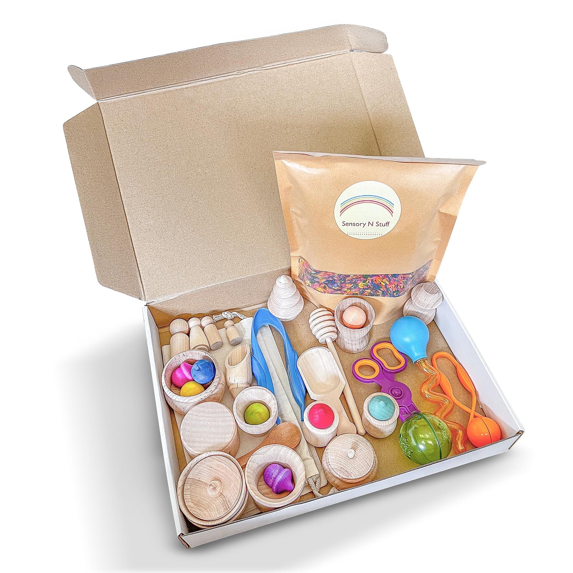 Sensory-N-Stuff - Rainbow Rice And Sensory Bin Tools (30 Pieces), Wooden Sensory Bin Tools And Scoops With Chemical-Free And Foo