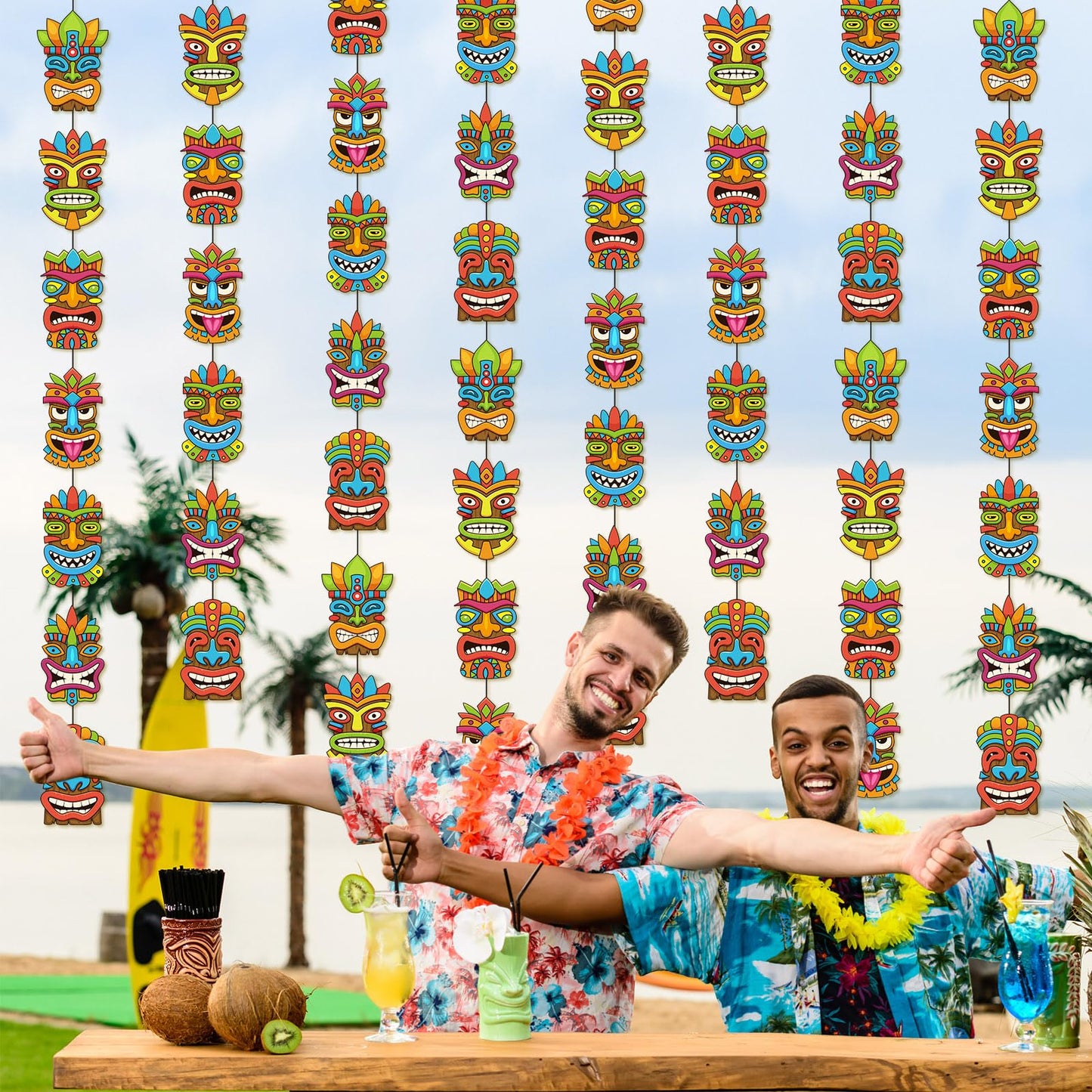 Pasimy 8 Pieces Hawaiian Party Decorations Hawaiian Tiki Hanging Banner Aloha Luau Garlands Banners for Summer Tropical Theme Bi