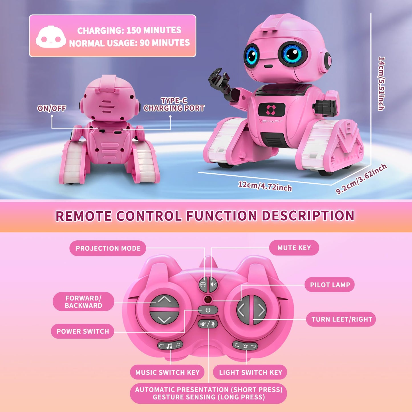 Robot Toys For Boys And Girls, Rechargeable Remote Control Robot With Auto-Demonstration, Light Projection, Dance Moves, Music,