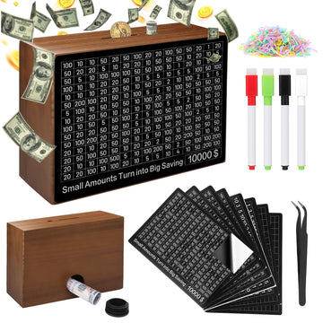 Larger Wooden Money Box For Cash 10,000 And Multiple Savings Goals Cash Vault Saving Box Challenge Piggy Bank For Kids Adults Re