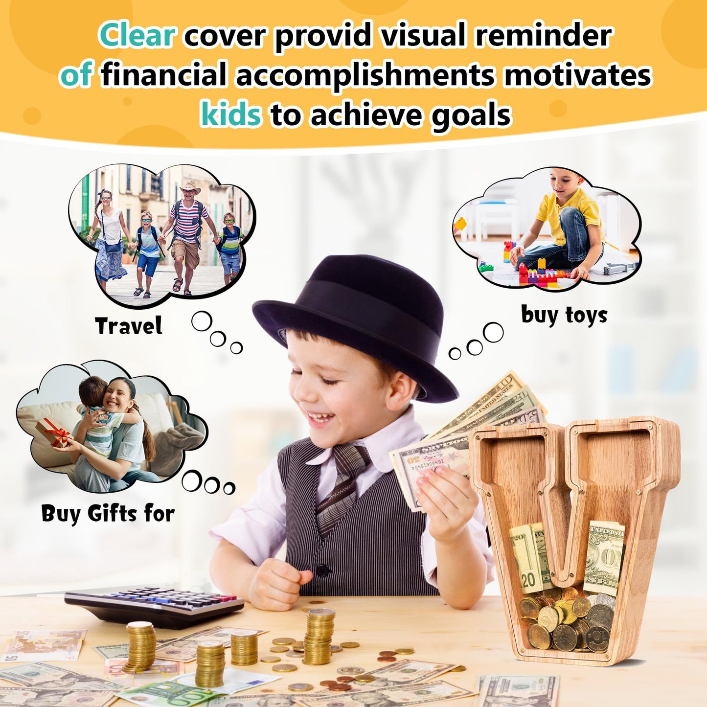 ELX Wooden Piggy Bank for Kids Boys  Personalized Letter Money Bank  Safe & Durable Savings Box for Toddlers Girls  Gifts for Birthday Holiday Christmas