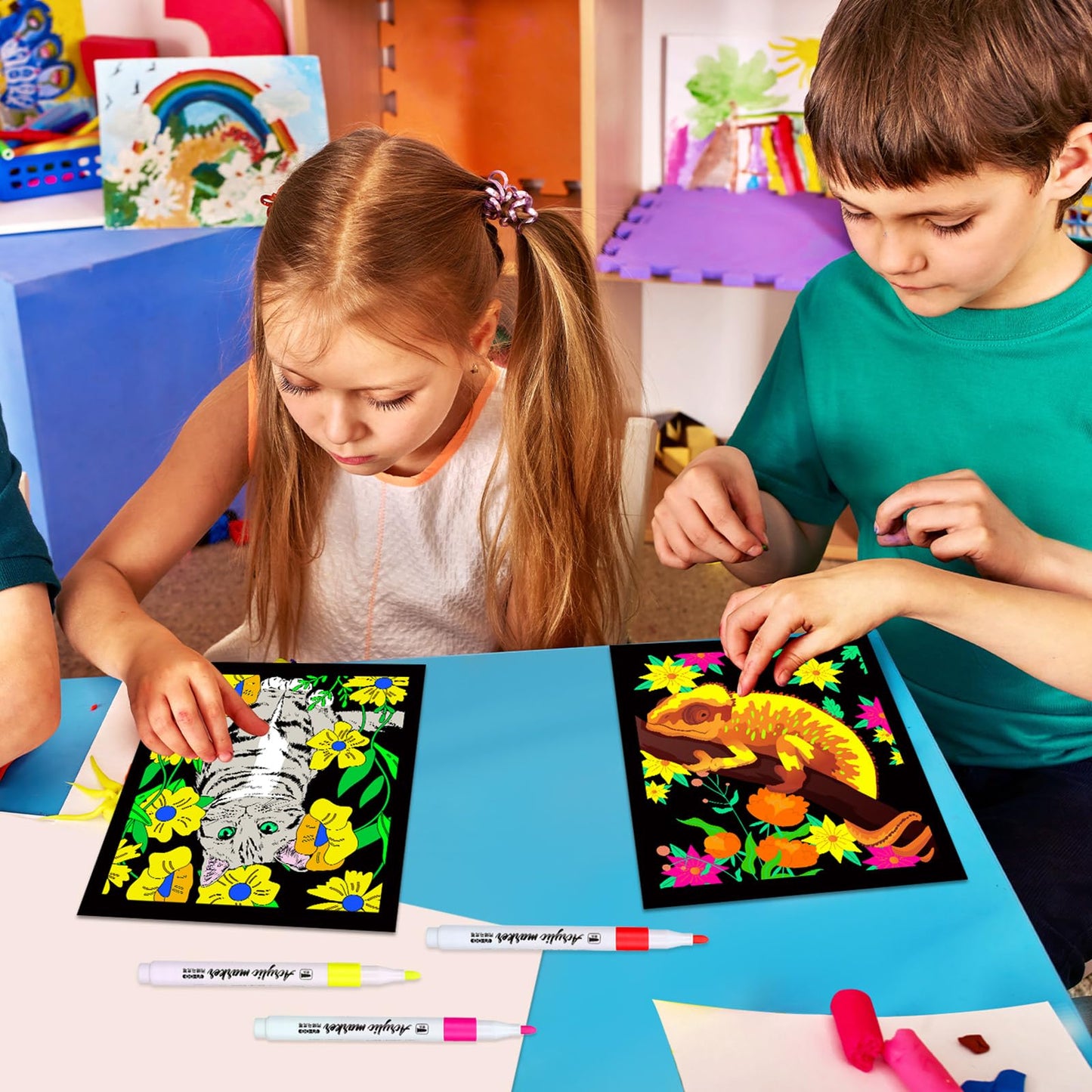 Zhanmai Pack of 48 Velvet Coloring Posters and Watercolor Pens Animal Fuzzy Velvet Coloring Posters for Adults Teenagers Large C