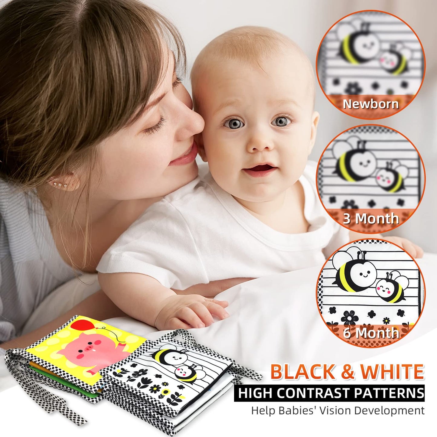 Okooko Black And White High Contrast Soft Baby Books 2Pcs Washable Tummy Time Toy Crib Stroller Toy Montessori Sensory Toy Early