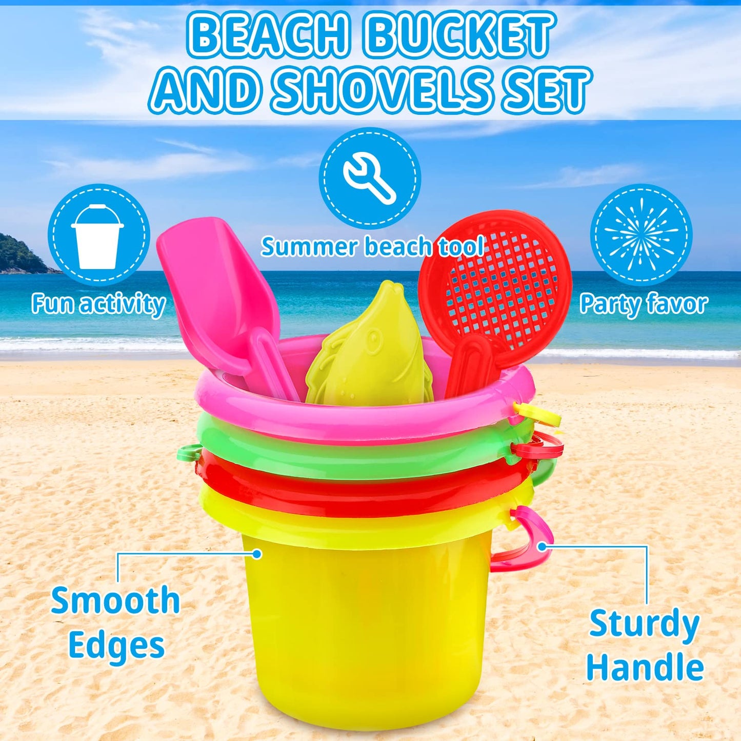 Jexine 96pcs Beach Party Favors for Kid 24 Set Sand Buckets and Shovels for Bucket Party Favor Sand Box Play Set and Mini Beach