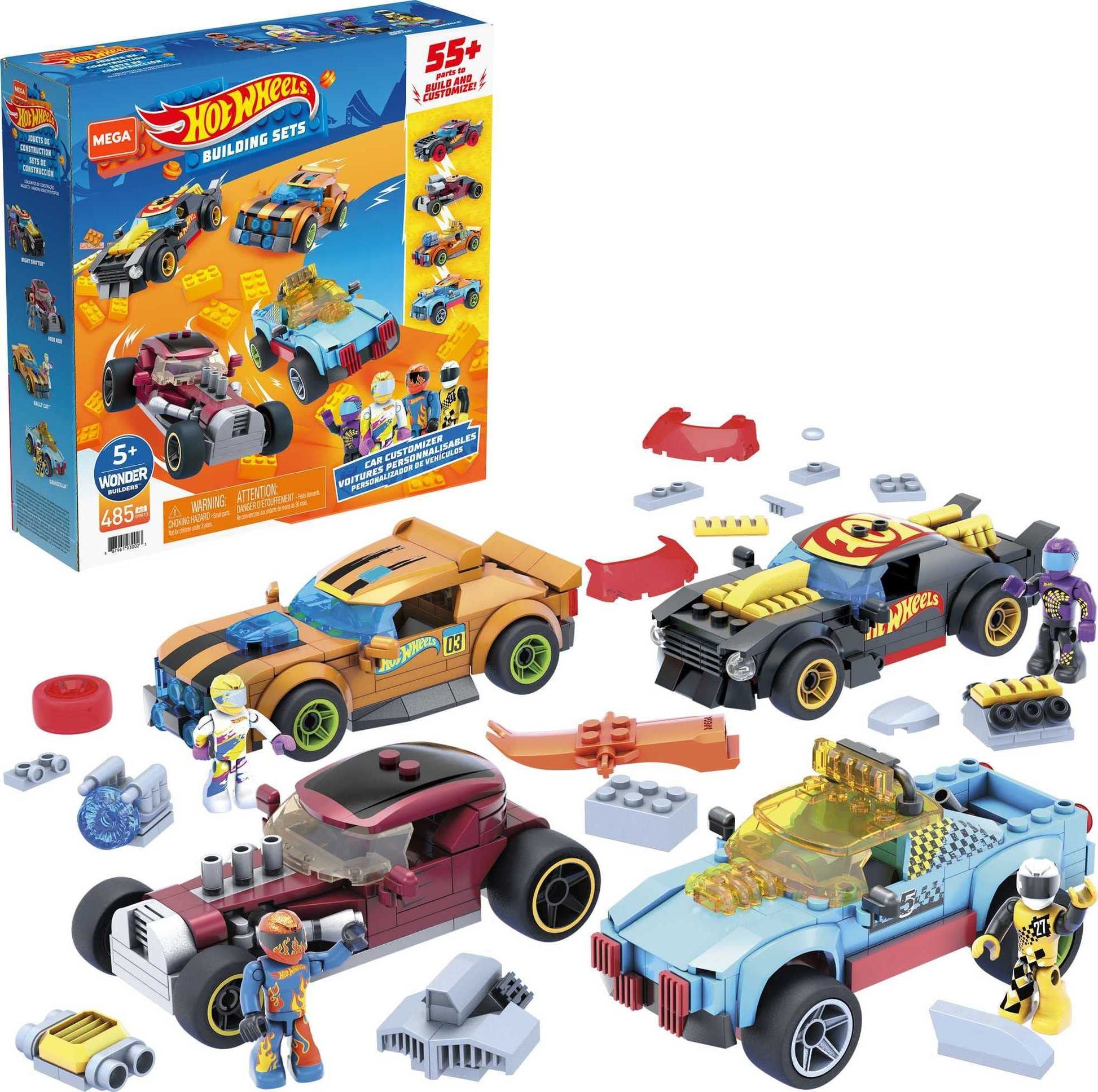 MEGA Construx Hot Wheels Kids Car Building Toy Set, Car Customizer with 485 Pieces, Rally Rat, Dawgzilla, Night Shifter, Mod Rod