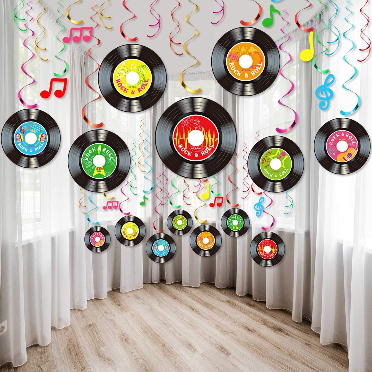 Sumind 30 Pcs 1950s Rock and Roll Music Party Sock Hop Decorations Vinyl Record Note Cutout Wall Decor Sign with Hanging Swirls