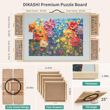 Dikashi 1500 Pieces Tilting & Rotating Puzzle Board, 34.25''    25.2'', Portable Jigsaw Puzzle Table For Adults With 4 Drawers &