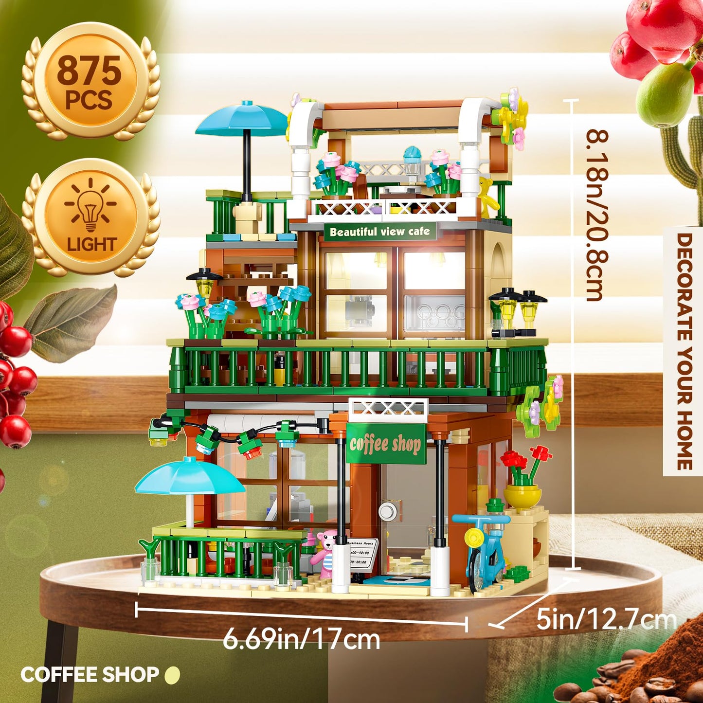 MOCBROPCS 3 in 1 Street View Coffee Shop Building Set, 875 PCS Plastic Toy, Medium Size, Green, Compatible with City House Modular Architecture