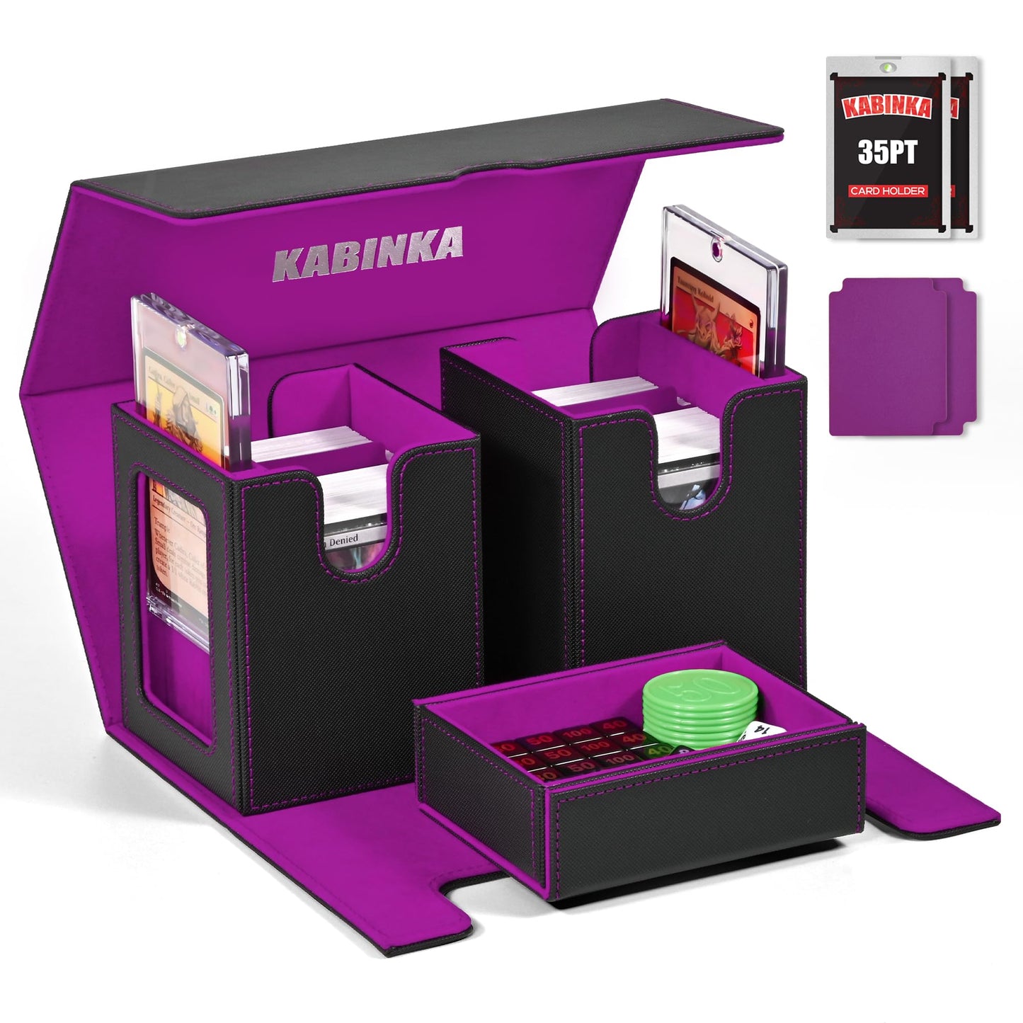 Kabinka Deck Box for MTG with Commander Display  3 in 1 Trading Card Storage Box Fit 200 Double-sleeved Cards  Removable Deck Case for TCG/Sports Cards with 2 Magnetic Card Holders (Black Purple)